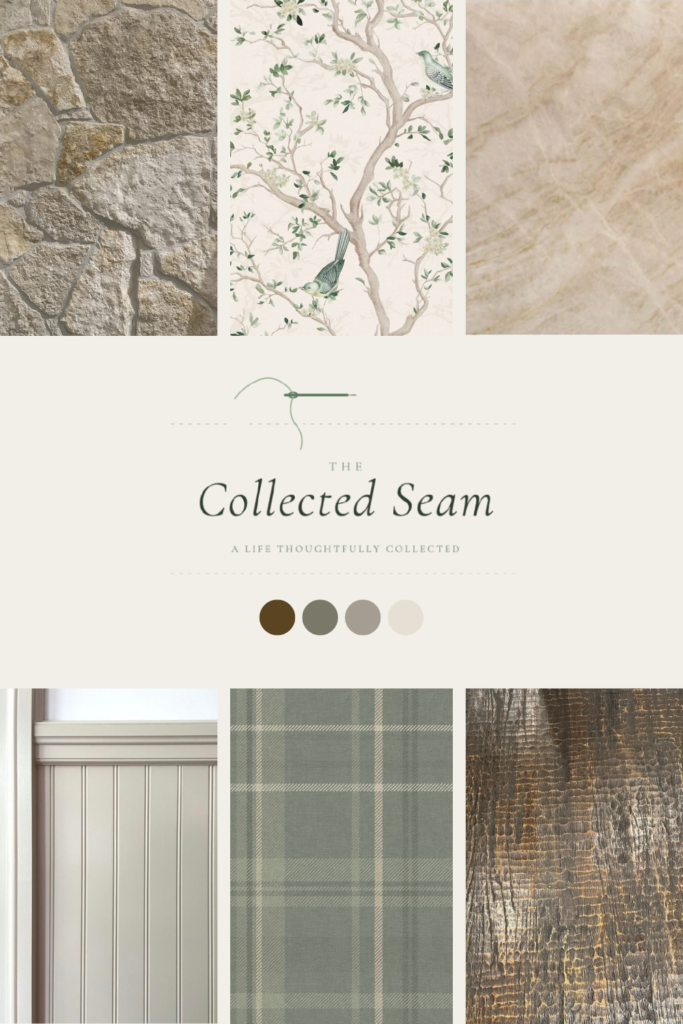 Color palette mood board for The Collected Seam featuring stone, Lucie Annabel chinoiserie and plaid wallpapers, marble, beadboard, and weathered wood textures in warm neutrals and sage green