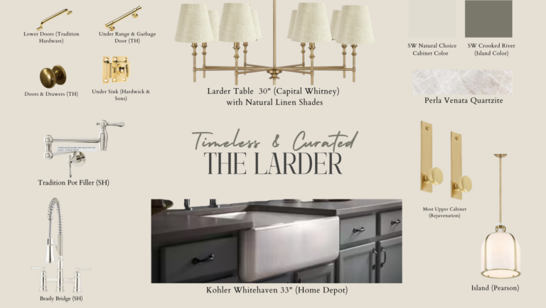 Kitchen design mood board featuring brass hardware, a Larder table chandelier with natural linen shades, farmhouse sink, quartzite countertops, and curated fixtures for a timeless larder-style kitchen